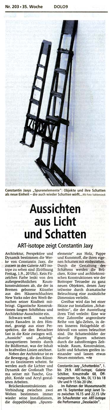 Constantin Jaxy · 'Schattenbiss' · Pressebericht Ruhrnachrichten 31.08.2006